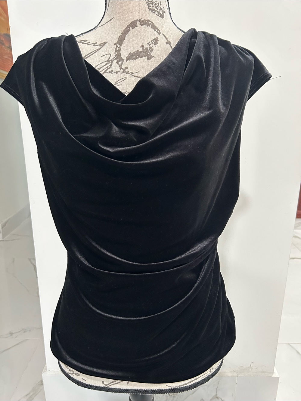 Ronni Nicole Black Velvet Draped Cowl Neck Top Short Sleeve Fitted Waist Stretch